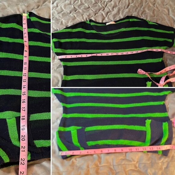 Chris & Carol Open Knit Dolman Short Sleeve Green Stripe Sweater Navy Blue S - Picture 11 of 11